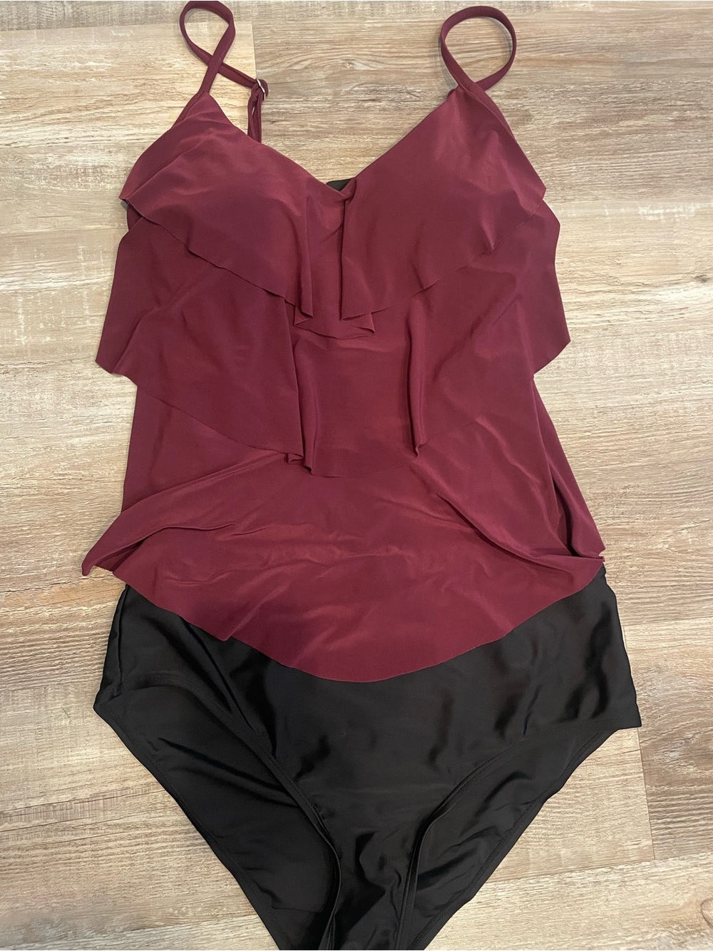 Ruffle Front Wine Swim Tankini with Black Bottoms